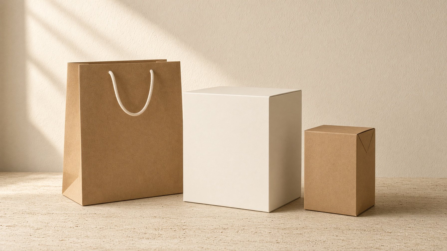 Túi giấy kraft, hộp giấy trắng và hộp kraft dưới nắng sớm