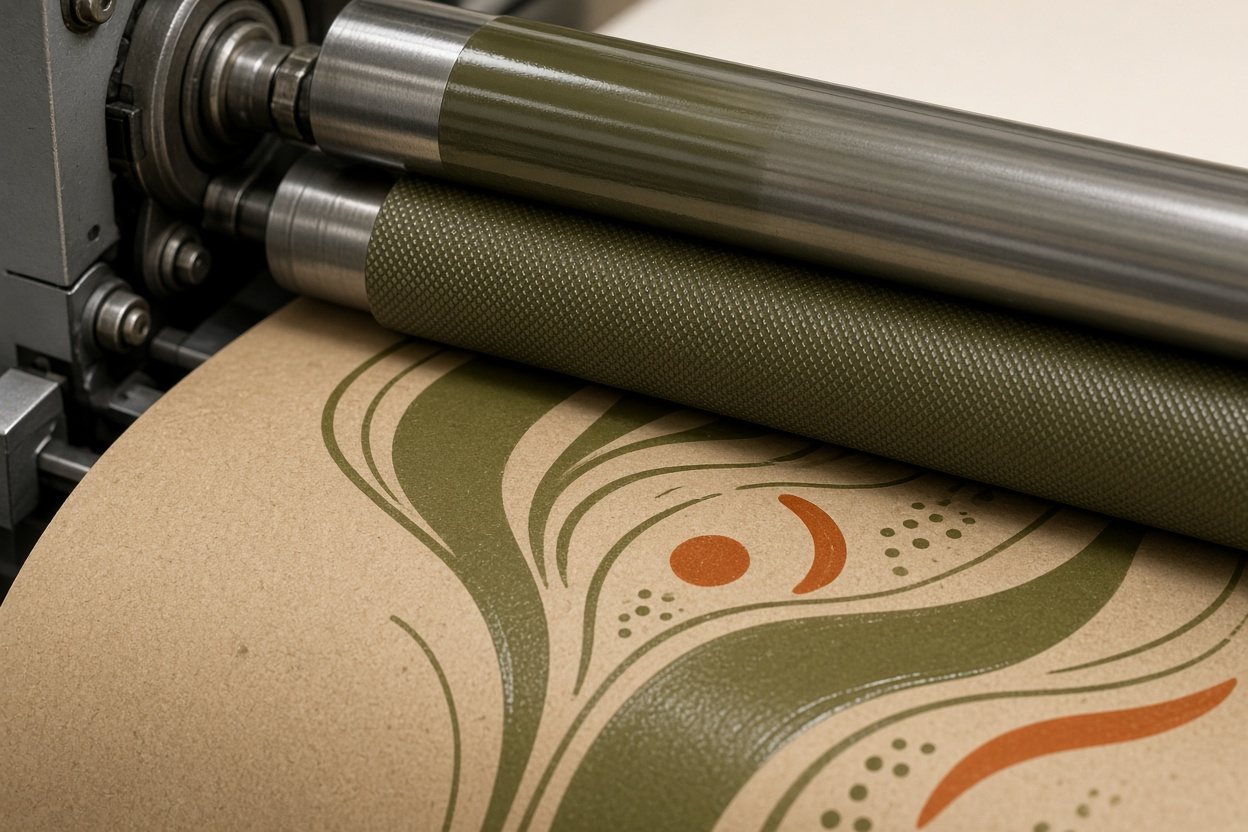 Trục in Flexo in hoạ tiết màu olive và cam lên giấy kraft